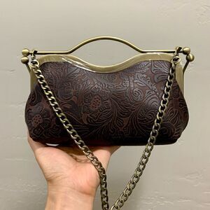 Handmade Genuine Embossed Leather Kisslock Clutch/Shoulder bag/Crossbody